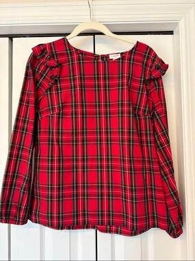 J. Crew Red and Black Plaid Ruffle Shoulder Top